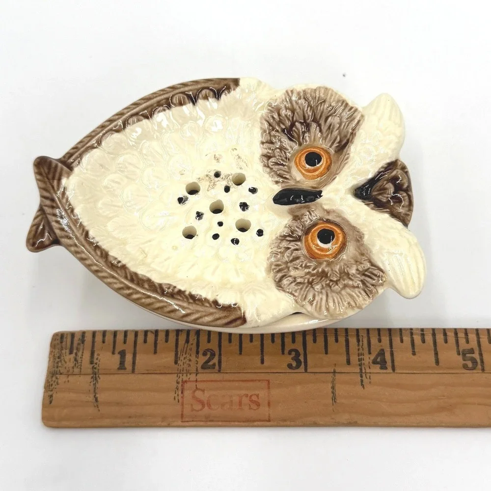 Soap Dish Small Cream Brown Owl Figural Ceramic 2-Piece Japan Vintage 1960s